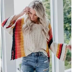 By Together Womens M Cream Stripe Lightweight Sheer Bell Sleeve Knit Sweater